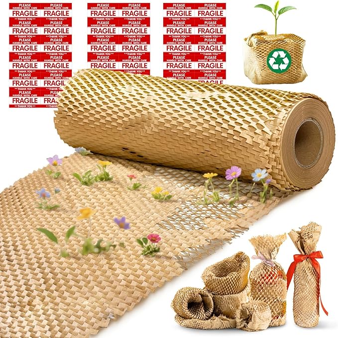 Honeycomb Packing Paper, 12"x400' Brown | Perforated Honeycomb Packing Paper Recyclable Moving Supplies for Shipping & Moving | Plastic-Free Alternative to Bubble Cushion Wrap with 36 Fragile Stickers
