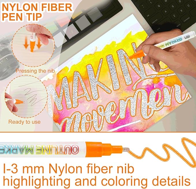 20pcs Outline Marker, Marker Pen for Highlight, Dual-Line Highlighter Outline Marker Set, Metallic Paint Markers for Black Paper Pens Glitter Markers Scrapbook Supplies