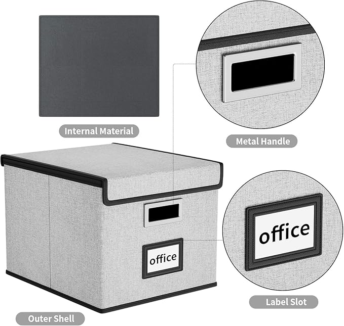Huolewa Collapsible File Storage Organizer Boxes with Lids, Portable Large Linen Hanging Filing Storage Boxes, Decorative Home/Office Filling System for File and Folder Storage (Grey)-2 Pack