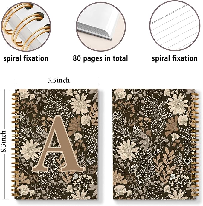 Initial A Personalized Journaling Notebooks, Boho Floral Journal Notebook for Women Girls, Costom Monogrammed Gifts for Women Mom Girls Friends, Letter Spiral Notebook, 5.5x8.3