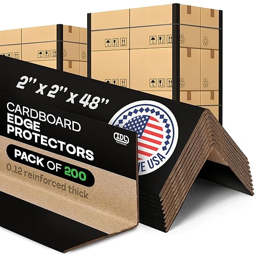 IDL Packaging 2” x 2” x 48” Black Cardboard Edge Protector (Pack of 200) - Corner Protectors for Shipping, Storage, & Moving – Reinforced Corner Guard Protection for Pallets, Wall Corners, & Furniture