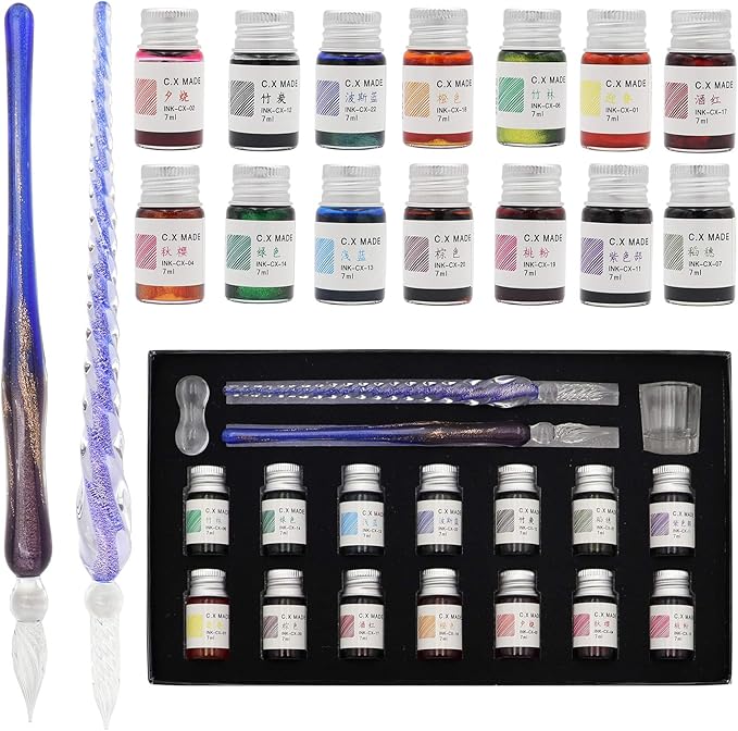 AXEARTE Glass Dip Calligraphy Pen Set, 18-Pieces 14 Color Inks, Pen Holder, Cleaning Cup, 2 Crystal Glass Pens for Art, Writing, Drawing, Signatures, Gift for Kids and Artist