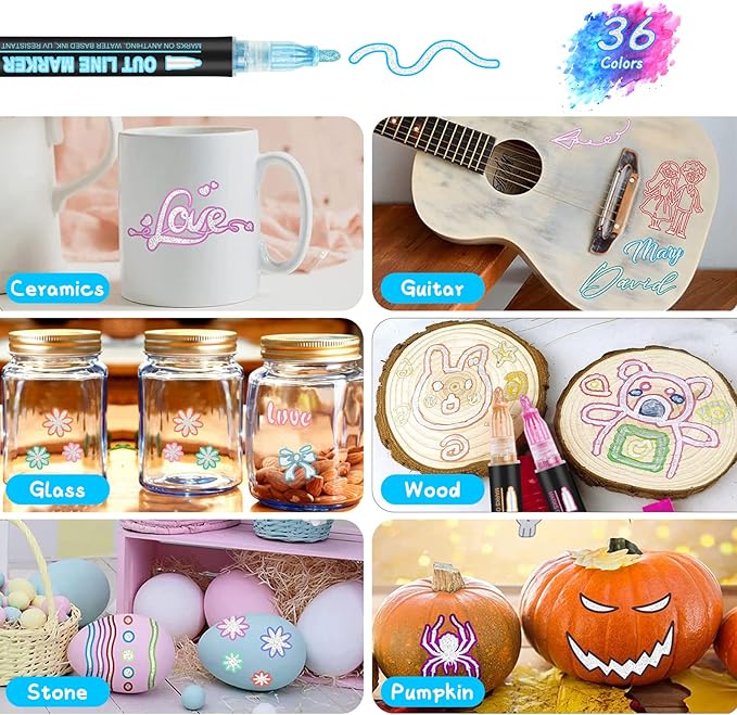 Double Line Outline Markers, 48Colors Super Squiggles Shimmer Outline Marker Pen Set, Self Outline Metallic Markers Glitter Writing Drawing Pens for Birthday Greeting Card, Doodling, DIY Art Crafts