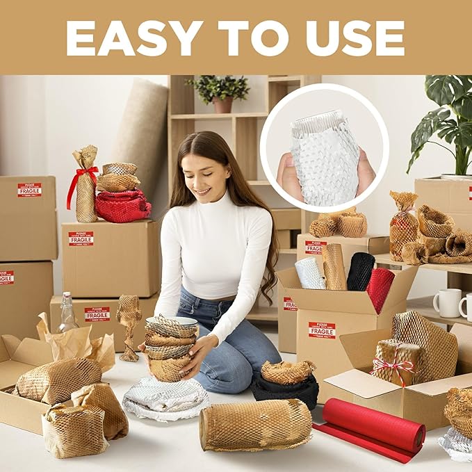 Honeycomb Packing Paper, 12"x400' White | Perforated Honeycomb Packing Paper Recyclable Moving Supplies for Shipping & Moving | Plastic-Free Alternative to Bubble Cushion Wrap with 36 Fragile Stickers