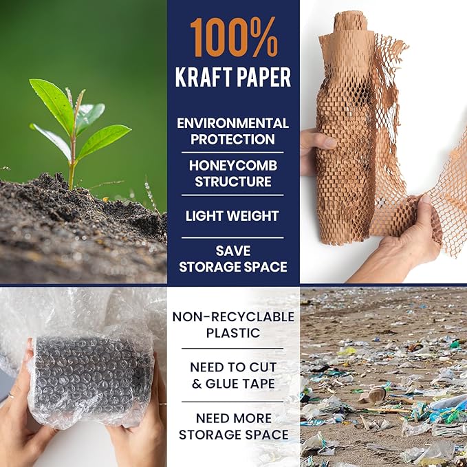 Honeycomb Packing Paper 12" x 35ft with Rope & 20 Fragile Stickers|Shipping & Moving Supplies|Small Business Packaging Supplies|Eco Friendly Bubble Wrap Packing Boxes for Moving Certified FSC C204227