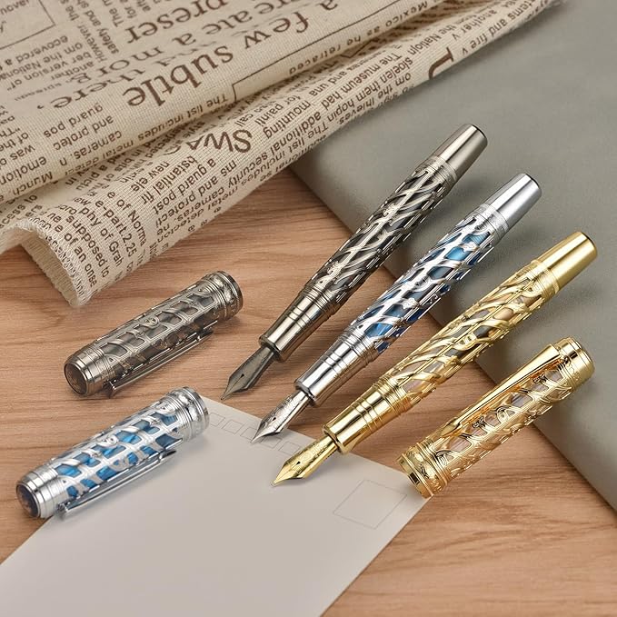 Hongdian A6 Piston Fountain Pen Fine Soft Nib, Silver Blue Hollow Skeleton & Resin Pen with Metal Case Set