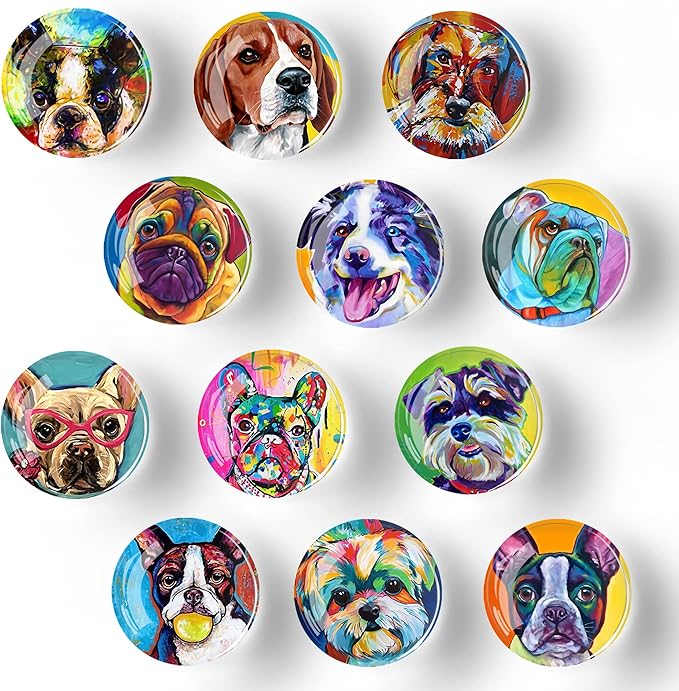 12Pcs Glass Refrigerator Magnet Fridge Sticker,Oil Painting Dog Fridge Magnets Decoration for Crafts,Strong Fridge Magnets for Kitchen, School,Office Whiteboard, Cabinet and Dishwasher