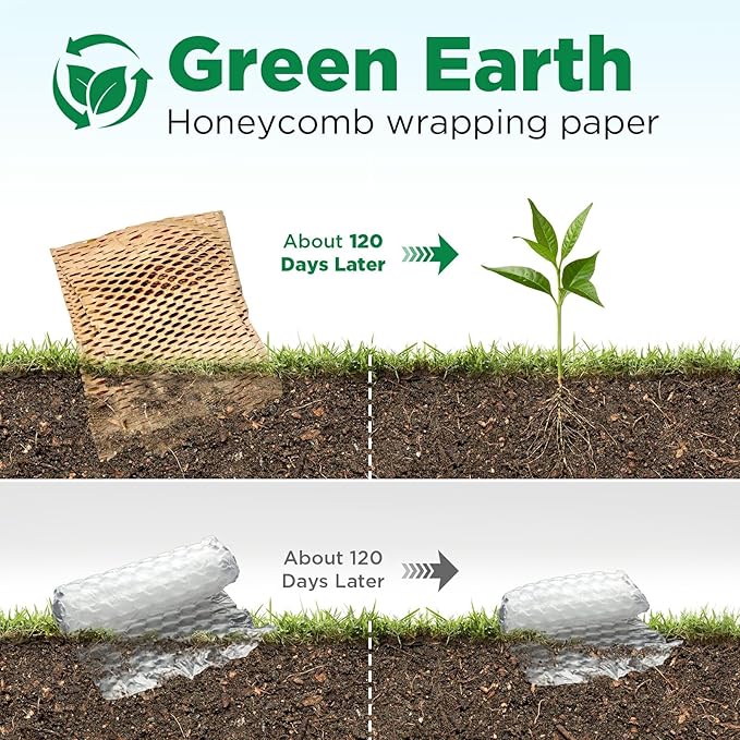 Honeycomb Packing Paper, 12"x300' Brown | Perforated Honeycomb Packing Paper Recyclable Moving Supplies for Shipping & Moving | Plastic-Free Alternative to Bubble Cushion Wrap with 36 Fragile Stickers