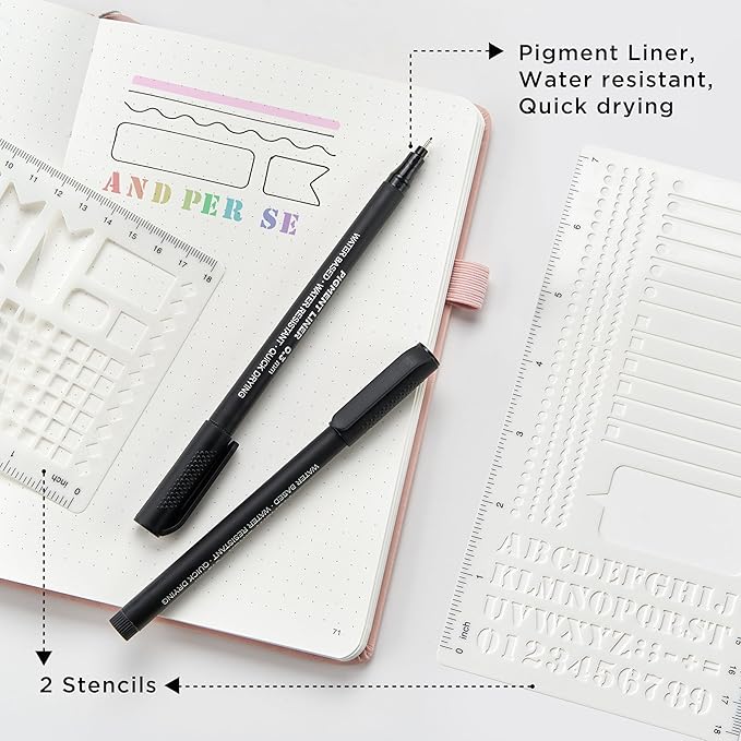 &And Per Se Bullet Dotted Journal Notebook, A5 Leather Hardcover, 176 Numbered Pages 100GSM Thick Dotted Paper, 2 Sheets of Stencils Included - 5.7'' x 8'' (Dark Blue)