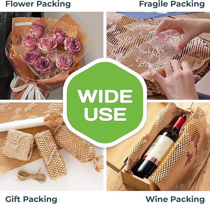 HexcelWrap Mini - Honeycomb Packing Paper, Eco-Friendly, Sustainable Paper Bubble Wrap for Shipping & Moving, Cushioned Packing Material in Easy Self-Dispenser Box - White, 12" x 300'