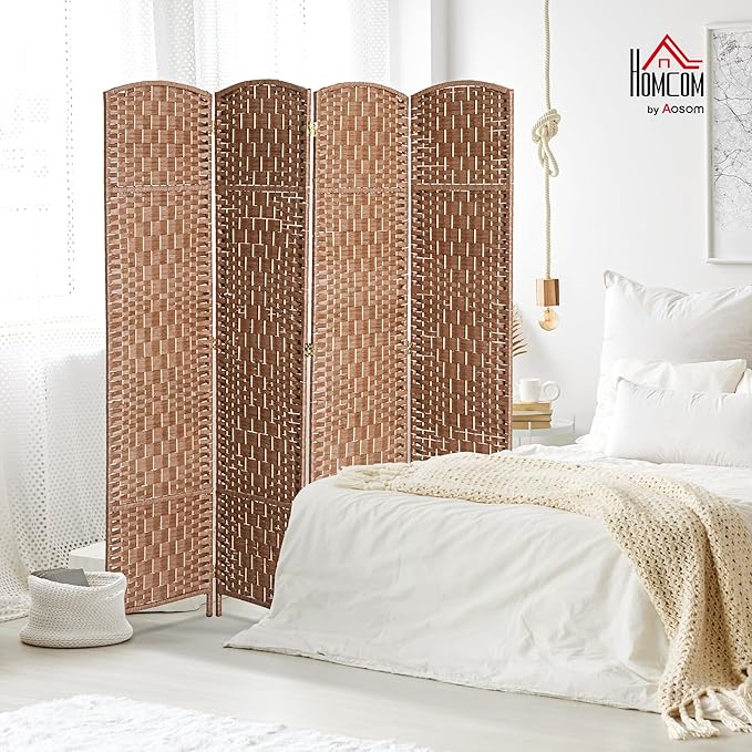 HOMCOM Room Divider 4 Panels Folding Privacy Screen 6FT Tall Portable Wicker Weave Partition Wall Divider for Bedroom Home Office, Natural Wood