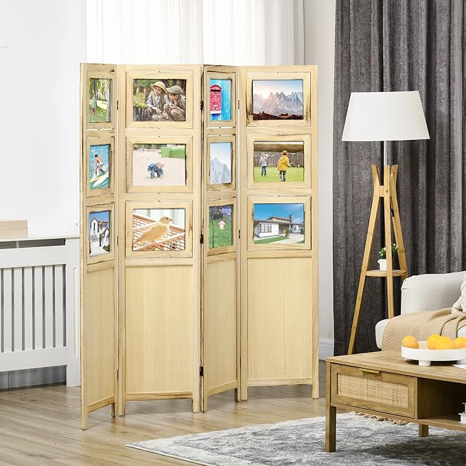 NicBex Room Divider 4 Panel Room Dividers with Photo Frames and Cardstocks Partition Room Dividers and Folding Privacy Screens 5.6 FT Wall Divider for Room Separation,63" W x 0.75" D x 67" H, Natural