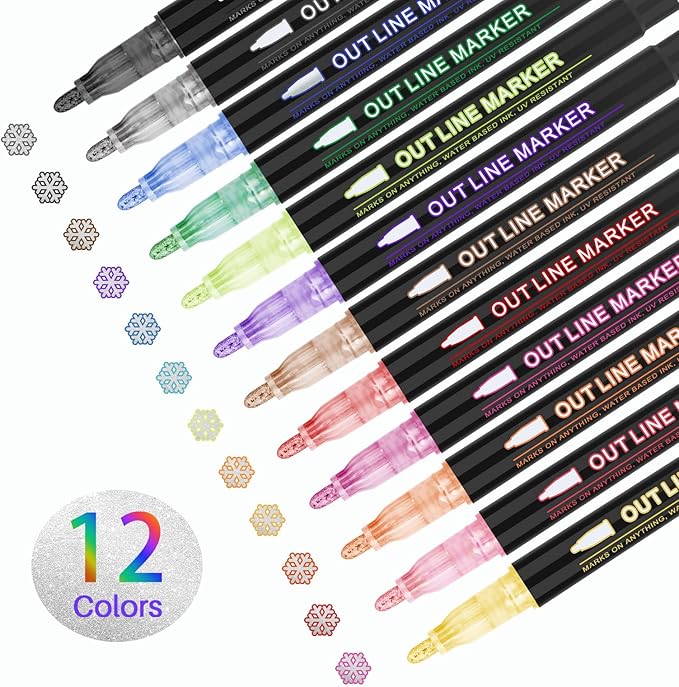 Outline Markers, 12 Pcs Glitter Silver Pens,Self-Outline Metallic Markers,Shimmer Pens,Tween Teen Girl Gifts Trendy Stuff 4-16 Year Old,Art Supplies for Kids 9-12