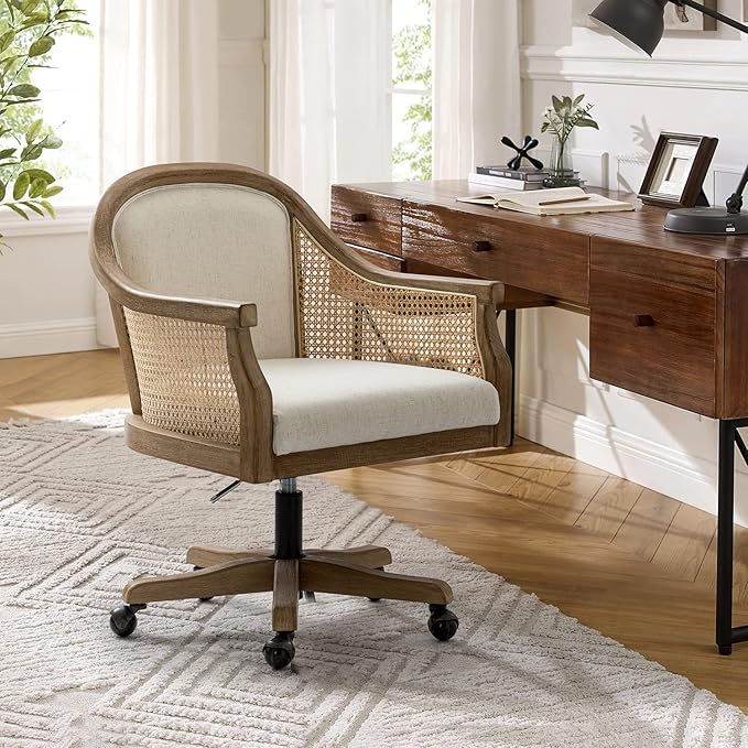 HULALA HOME Rattan Desk Chair, Upholstered Home Office Chair, Vintage Office Chair with Armrest, Adjustable Swivel Rolling Height Task Chair for Living Room Bedroom Study Room, Ivory