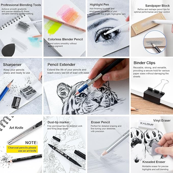 109 Drawing Set Sketching Kit, Pro Art Supplies with Fluorescent, Colored, Watercolor, Metallic, Graphite, Charcoal Pencils, 5 Sketchbook and Coloring Book, Gift for Artists Adults Teens Beginner