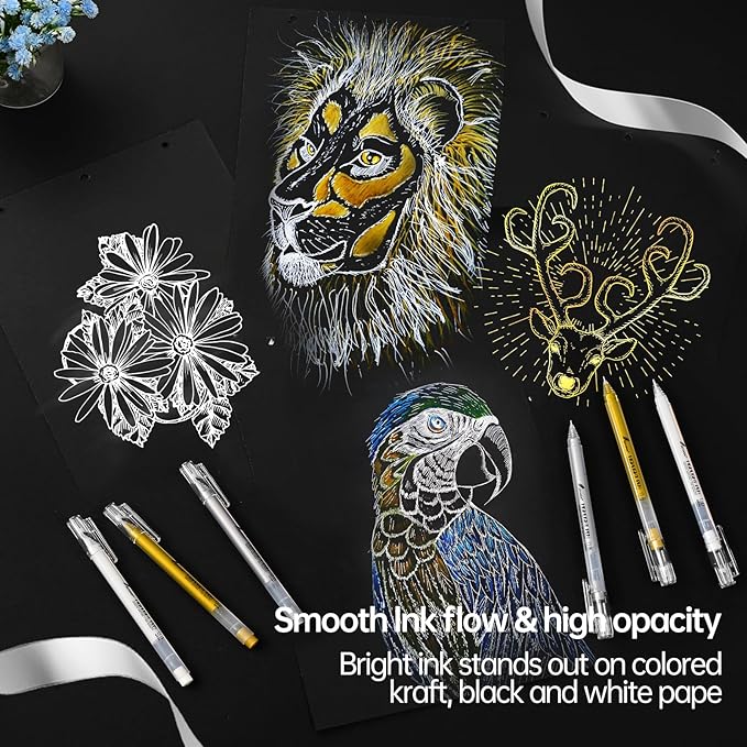 0.6mm Fine Point Silver Gel Pens, 3-Pack for Artists Drawing on Black Paper, Sketching, Adult Coloring Books & Modern Crafts