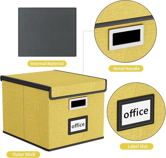 Huolewa Collapsible File Storage Organizer Box with Lid, Linen Document Storage Organization, Universal Hanging Filing Box for Letter/Legal Folder, Decorative Office/Home File Bins - yellow, box only