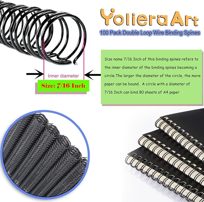 100 Pack Double Loop Wire Binding Spines, YolieraArt Wire Binding Spines, 7/16 Inch Binding Wire for Letter Size (7/16 Inch (80 Sheet Capacity), 100P, 3:1 Pitch, Gold)