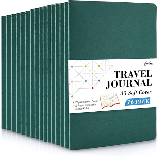 16 Pack Soft Cover Journal Bulk, Feela Lined Notebooks College Ruled for Work for Women Girl Writing, Blank Travel Journal Note Taking Notebook School Business Supplies, 8.2” x 5.5”, A5, Dark Green