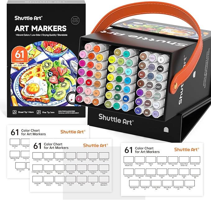 Shuttle Art 61 Colors Alcohol Markers, 60 Colors Dual Tip Art Marker Set Plus 1 Colorless Blender with Marker Case Perfect for Illustration Students Adult Coloring Sketching