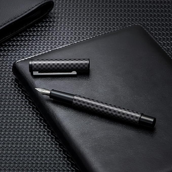 Hongdian Black Carbon Fiber Fountain Pen Extra Fine Nib Elegant Design Smooth Writer with Refillable Converter and Metal Pen Case Set