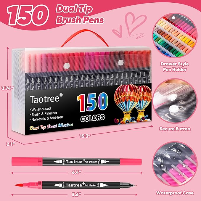 Taotree 150 Colors Dual Tip Art Markers Pens for Kids Adult Coloring Book, Artist Fine & Brush Tip Coloring Markers Drawing Pen for Journaling Note Taking Lettering Calligraphy Craft Art Supplies Set