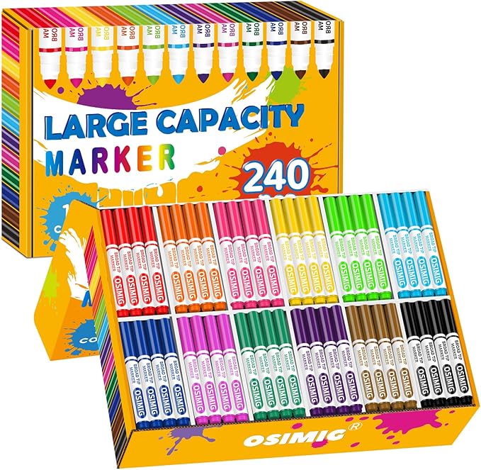 Washable Markers Bulk, 240 Count, 12 Assorted Colors, Markers for Classroom, Broad Line Conical Tip, Large Capacity, School Art Supplies for Kids