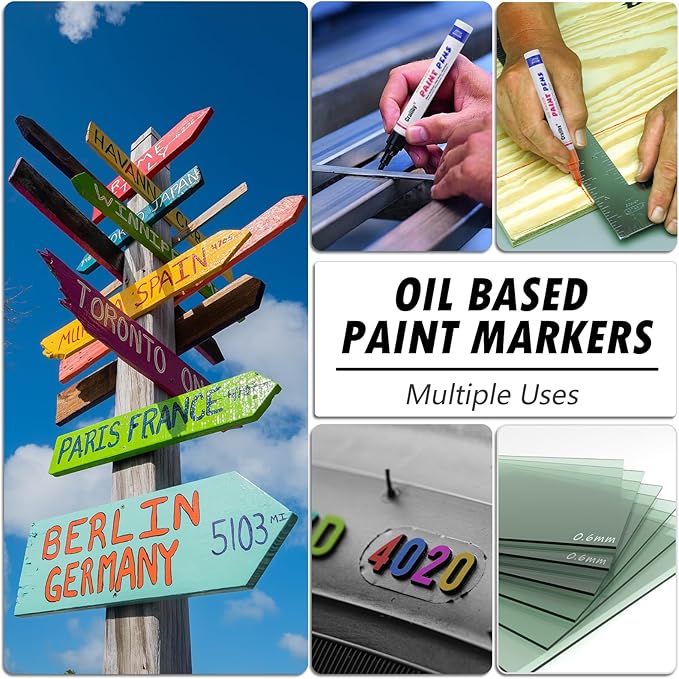 White Paint Markers, 8 Pack Oil-Based Waterproof Quick Dry and Permanent Paint Pen Set for Rocks Painting, Wood, Plastic, Canvas, Glass, Mugs, Metal, Tire, Stone, DIY Craft