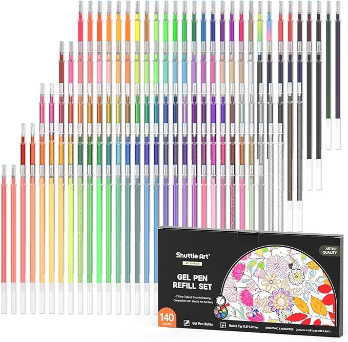 Gel Pen Refills, Shuttle Art 140 Colors (No Duplicates) Gel Pen Refills, 7 Color Types for Kids Adults Coloring Books Drawing Doodling Crafts Scrapbooking Journaling