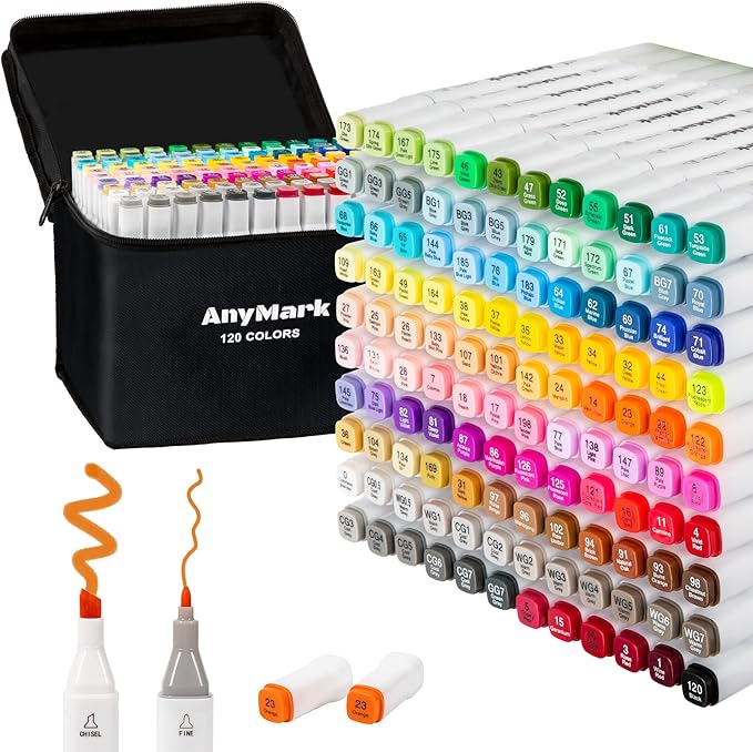 AnyMark Alcohol Markers, 120 Colors Dual Tip Art Coloring Markers Set for Kids Adult Book Drawing Sketching Painting, Chisel & Fine, White Penholder