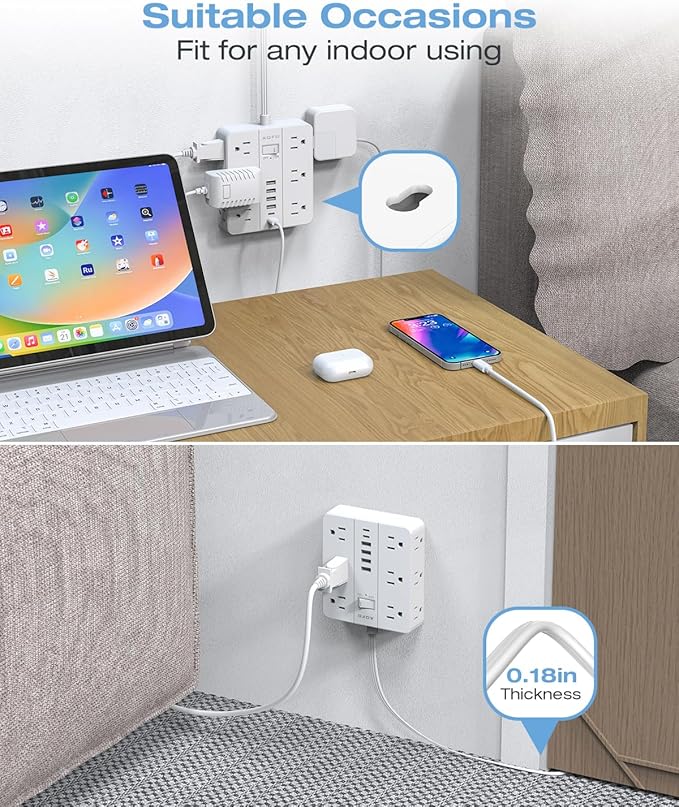 15FT Surge Protector Power Strip,12 AC Outlets with 6 USB Ports (2 USB-C), Flat Plug Extension Cord with Multiple Outlets, Wall Mount for Home Office,Dorm, White