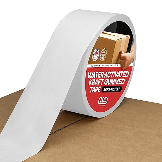 IDL Packaging 2.83" x 450 feet Reinforced Water-Activated Kraft Gummed Tape 30lb Thickness - Secure Paper Packing Tape for Secure Carton Sealing - Heavy-Duty for All Conditions, White