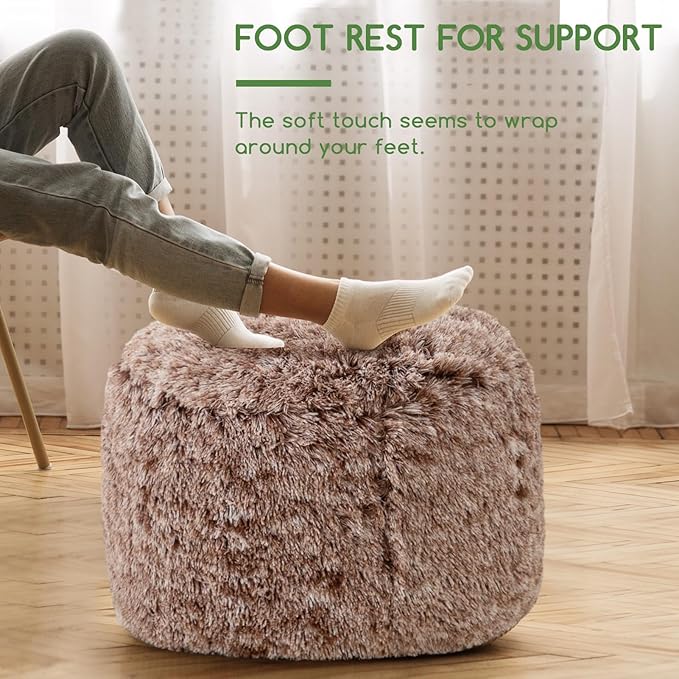 HIGOGOGO Round Stuffed Pouf Ottoman, Long Faux Fur Poufs with Foam Chunk Filling, Fluffy and Furry Pouf Foot Stool Storage Ottoman, 26 X 18 Floor Poufs Foot Rest for Living Room,Coffee