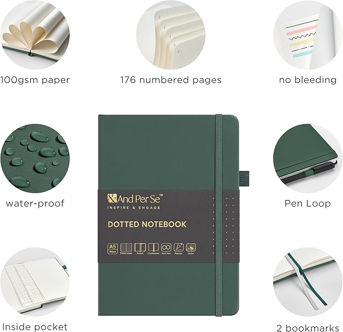 &And Per Se Bullet Dotted Journal Notebook, A5 Leather Hardcover, 176 Numbered Pages 100GSM Thick Dotted Paper, 2 Sheets of Stencils Included - 5.7'' x 8'' (Green)