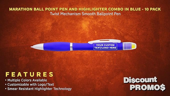 DISCOUNT PROMOS 10 Marathon Gel Highlighter Pens Pack - Customizable Text, Logo - Twist Mechanism, Ballpoint - Blue