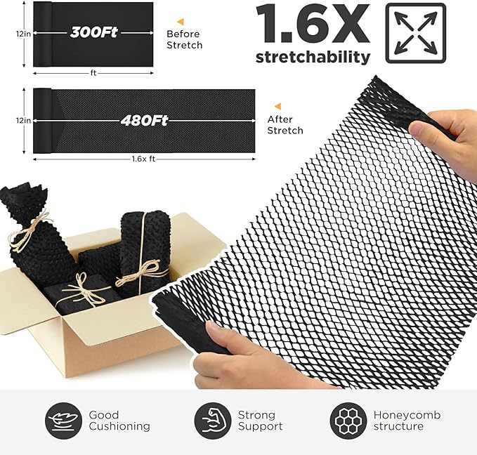 Honeycomb Packing Paper, 12"x300' Black | Perforated Honeycomb Packing Paper Recyclable Moving Supplies for Shipping & Moving | Plastic-Free Alternative to Bubble Cushion Wrap with 36 Fragile Stickers