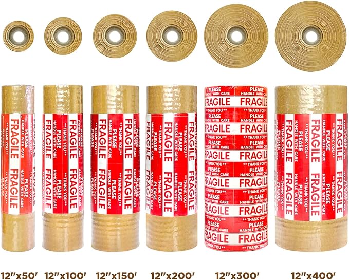 Honeycomb Packing Paper, 12"x300' Brown | Perforated Honeycomb Packing Paper Recyclable Moving Supplies for Shipping & Moving | Plastic-Free Alternative to Bubble Cushion Wrap with 36 Fragile Stickers