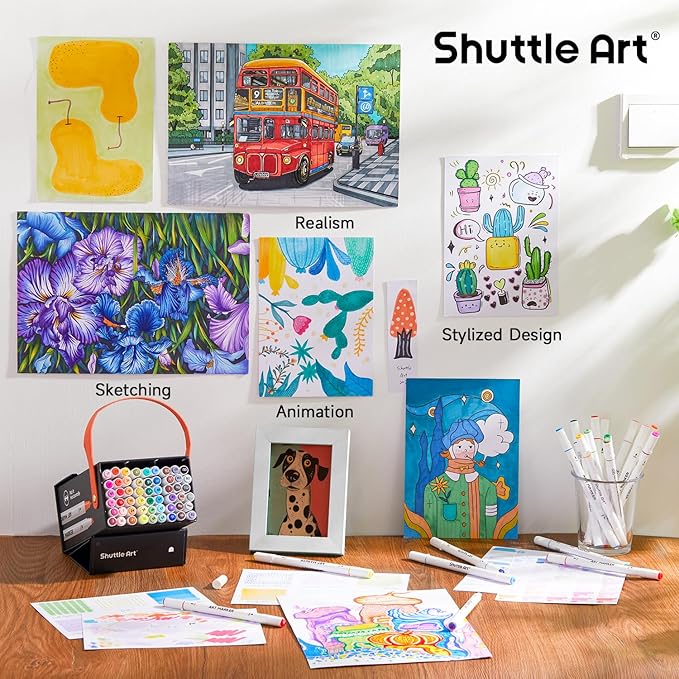 Shuttle Art 61 Colors Alcohol Markers, 60 Colors Dual Tip Art Marker Set Plus 1 Colorless Blender with Marker Case Perfect for Illustration Students Adult Coloring Sketching