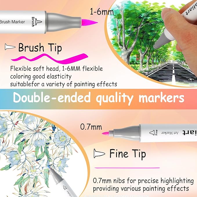 Caliart 121 Colors Brush & Fine Alcohol Markers for Adult Coloring Book, Dual Tip Artist Sketch Art Markers, Aesthetic Cute Preppy Stuff School Supplies, Pens for Lettering Drawing Cards Planner
