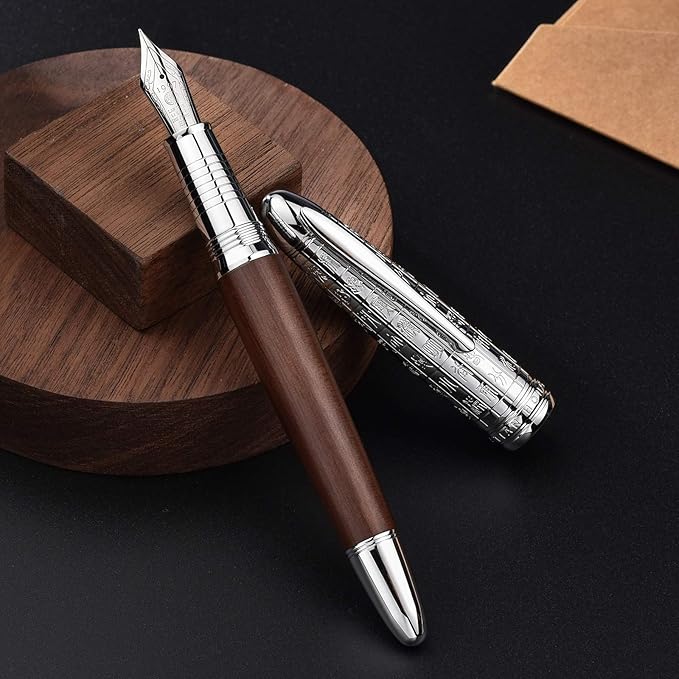 Hongdian 6016 Natural Wood Fountain Pen, Iridium Medium Nib Writing Pen with Metal Pen Case