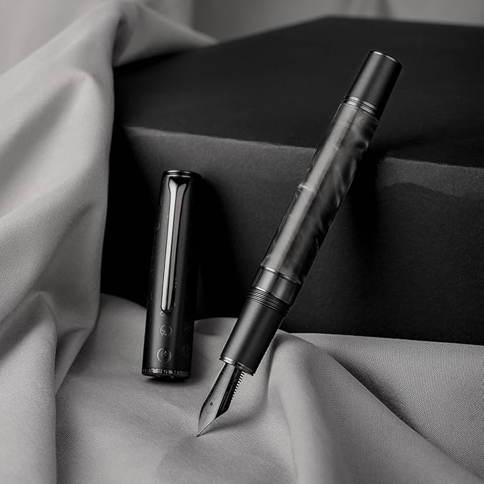 Hongdian N7 Gray Rabbit Resin Piston Fountain Pen, Iridium Long Blade Fine Nib Classic Pen, Smooth Writing Pen with Metal Box