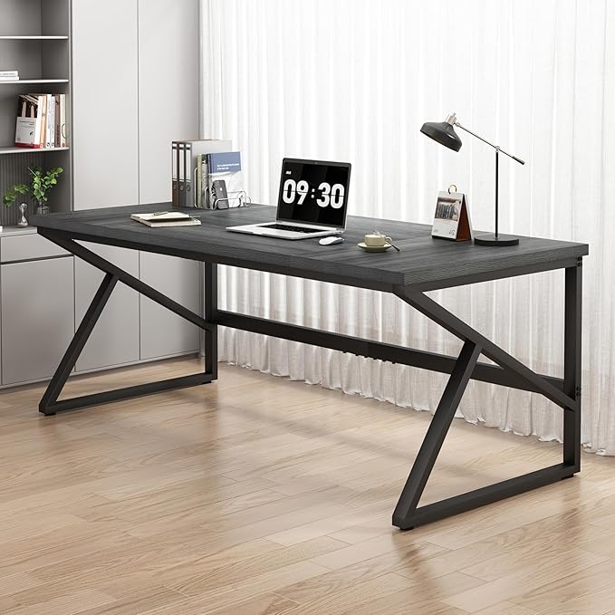 HSH Extra Long Computer Desk, Industrial Metal Wood Home Office Desk, Large PC Laptop Table for 2 Person Executive Writing Work Study Gaming, Bedroom Living Room Dual Monitor Desk, Dark Gray, 70 Inch