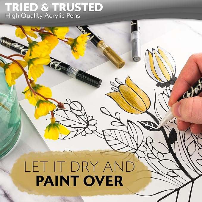 Stylo 8 Count Acrylic Metallic Pens - White, Black, Gold and Silver Fine Tip Permanent Acrylic Metallic Paint Pens for Glass, Wood, Back to School Supplies, Ideal for Arts and Crafts (8 Multicolor)