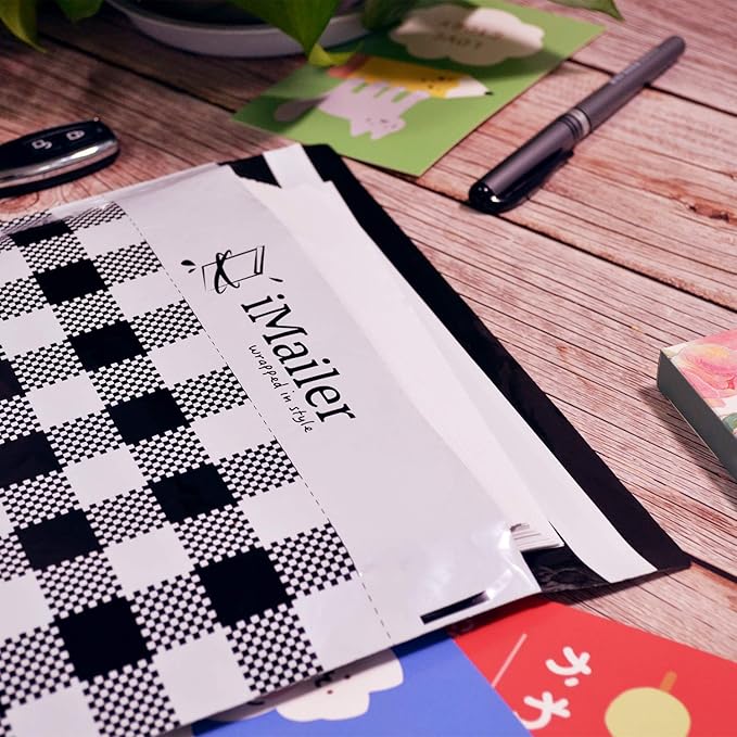 100 Count - 12 x 15.5 inch, Poly Mailer Black Gingham Plaid Package Envelope, Mailing Shipping Bags with Self Seal Strip
