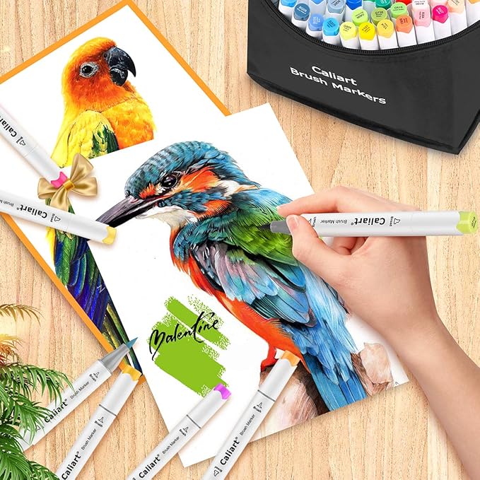 Caliart 101 Colors Brush & Chisel Alcohol Markers for Adult Coloring Book, Dual Tip Artist Sketch Art Markers, Aesthetic Cute Preppy Stuff School Supplies, Pens for Lettering Drawing Cards Planner