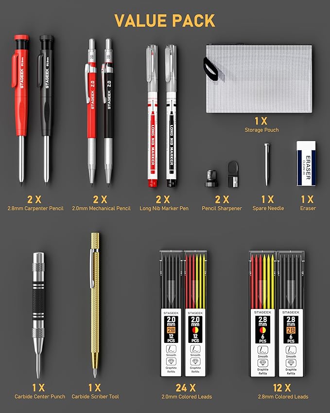 17 Pack Mechanical Carpenter Pencil Set with Sharpener 40 Refills, Automatic Center Punch, Carbide Scribe Tool, Eraser and Deep Hole Marker Pen, Heavy Duty Construction Pencil for Architect with Pouch