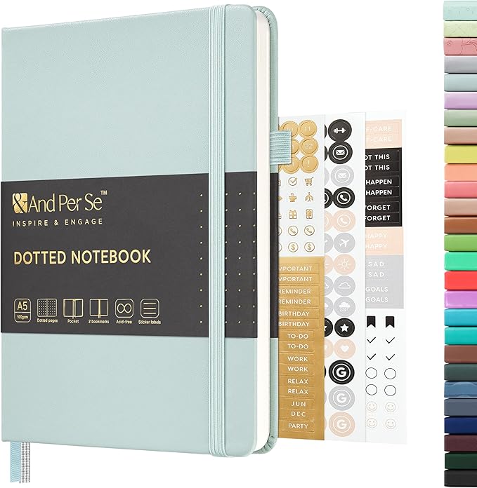 &And Per Se Dotted Journal Notebook, A5 Hardcover Leather Bullet Dotted Journal, 160 Pages 100 gsm Thick Dotted Paper，3 Sheets of Stickers Included - 5.7'' x 8''（Cyan）