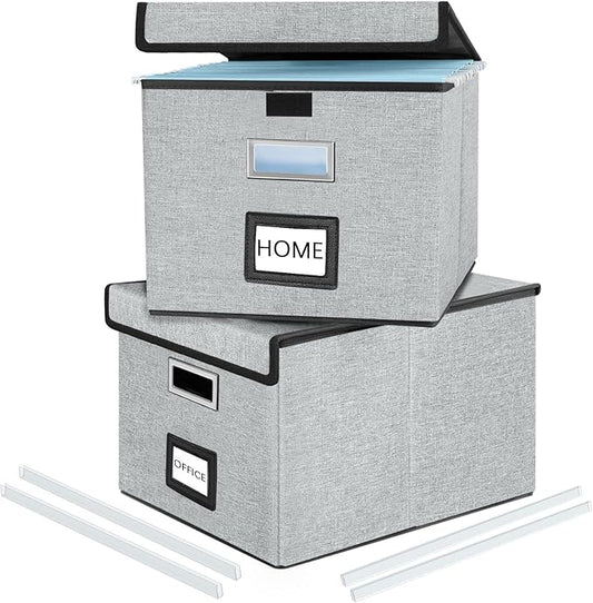 Huolewa Collapsible File Storage Organizer Boxes with Lids, Portable Large Linen Hanging Filing Storage Boxes, Decorative Home/Office Filling System for File and Folder Storage (Grey)-2 Pack