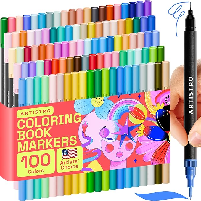ARTISTRO 100 Brush Marker Pens Coloring Markers for Adults Brush Tip & 0.4mm Fineliner Pens Coloring Markers No Bleeding