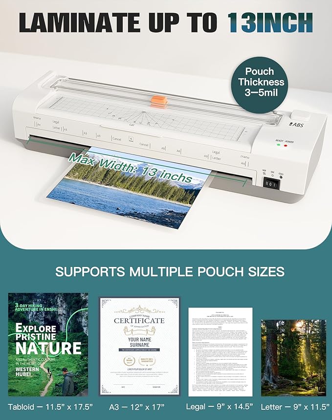 13 Inch Laminator Machine with Auto Paper Feed, Never Jam A3 Thermal & Cold Lamination, 20 Laminating Sheets, 10-in-1 Laminator with Cutter, Trimmer & Corner Rounder for Office School Home Use White